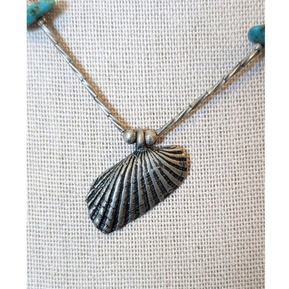 Vintage Sterling Silver Shell Twisted Bead Turquoise Chip Barrel Clasp Choker - Picture 2 of 7